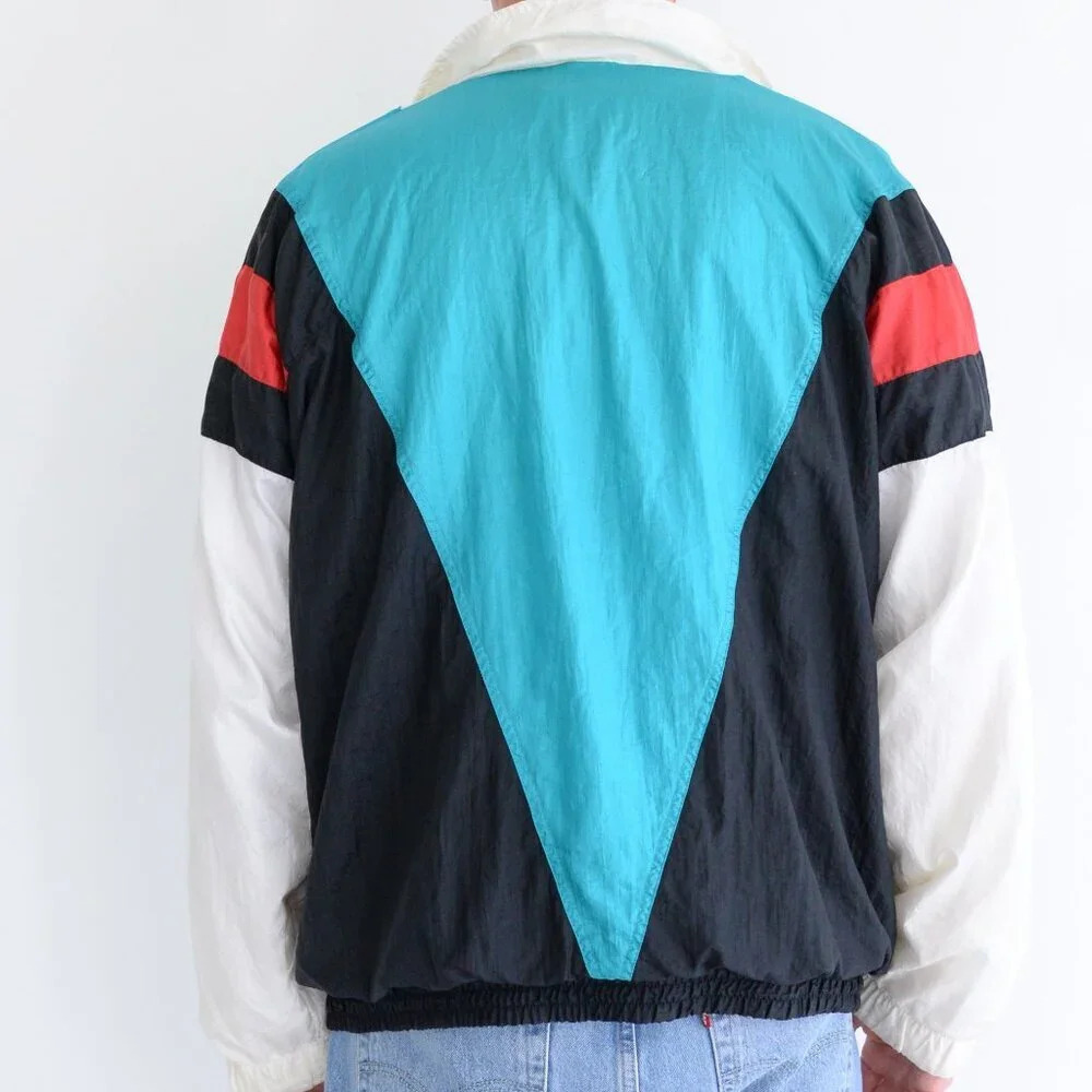 Vintage 80'S Akita Teal & Black Nylon Windbreaker Zip Up Running Jacket Size L - Picture 3 of 11